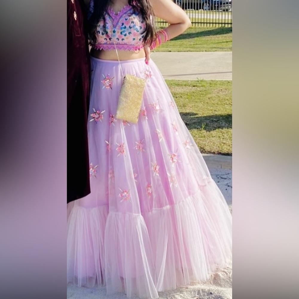 Lilac Embroidered Tulle Prom Dress - Women's Pink-Lavender Two-Piece Lahenga